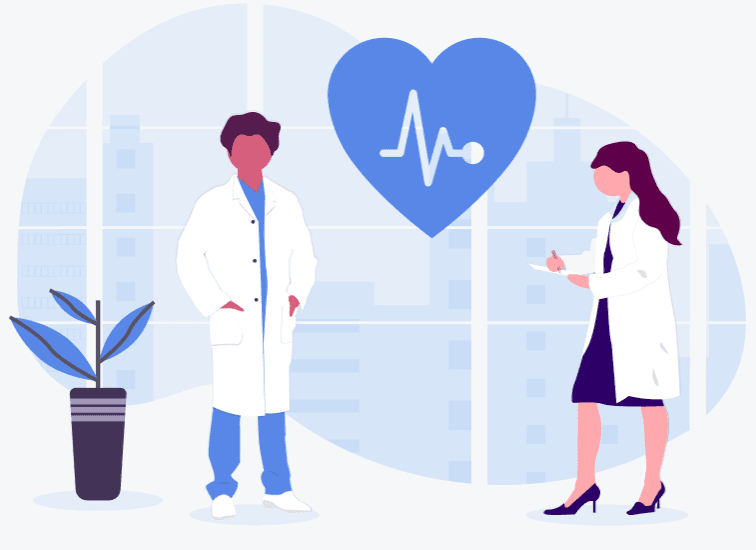 ilustração de dois médicos, sendo um homem a esquerda e mulher a direita.