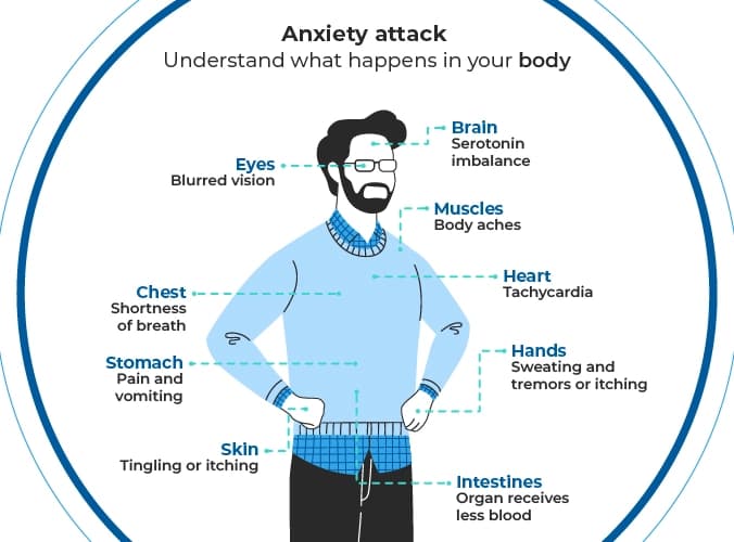 Illustration of a human body with arrows indicating the locations where symptoms manifest during an anxiety attack. The symptoms of anxiety during a crisis are: blurred vision, shortness of breath, pain and vomiting, tingling or itching, serotonin imbalance, tachycardia, less blood flow to the intestines, sweating, and tremors