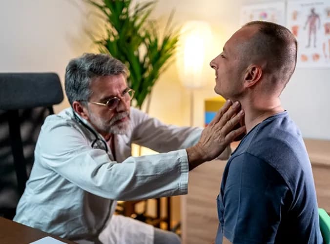 Physician examines patient with mumps symptoms and checks their neck area
