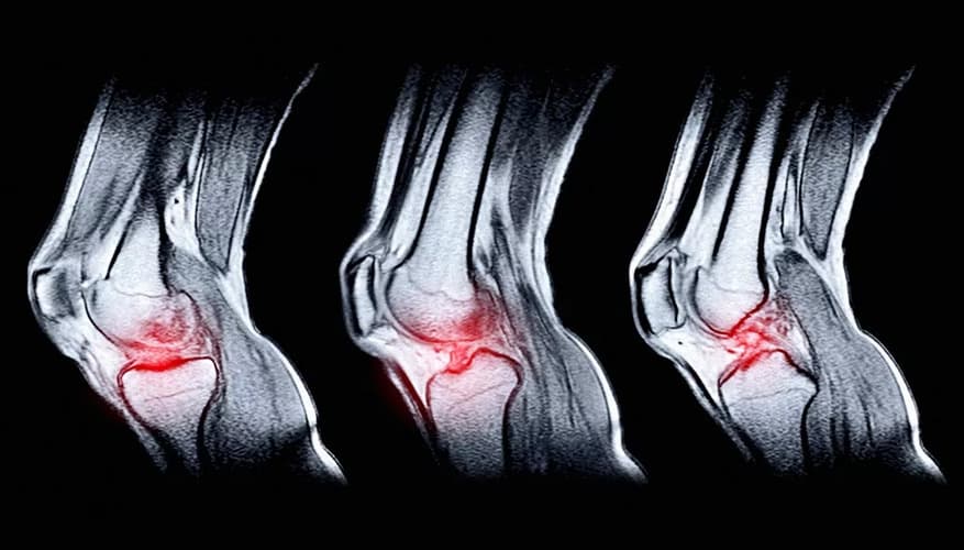 A imagem apresenta três radiografias de um tornozelo. Nas imagens existem áreas destacadas em vermelho, que indicam a ruptura do tendão de aquiles