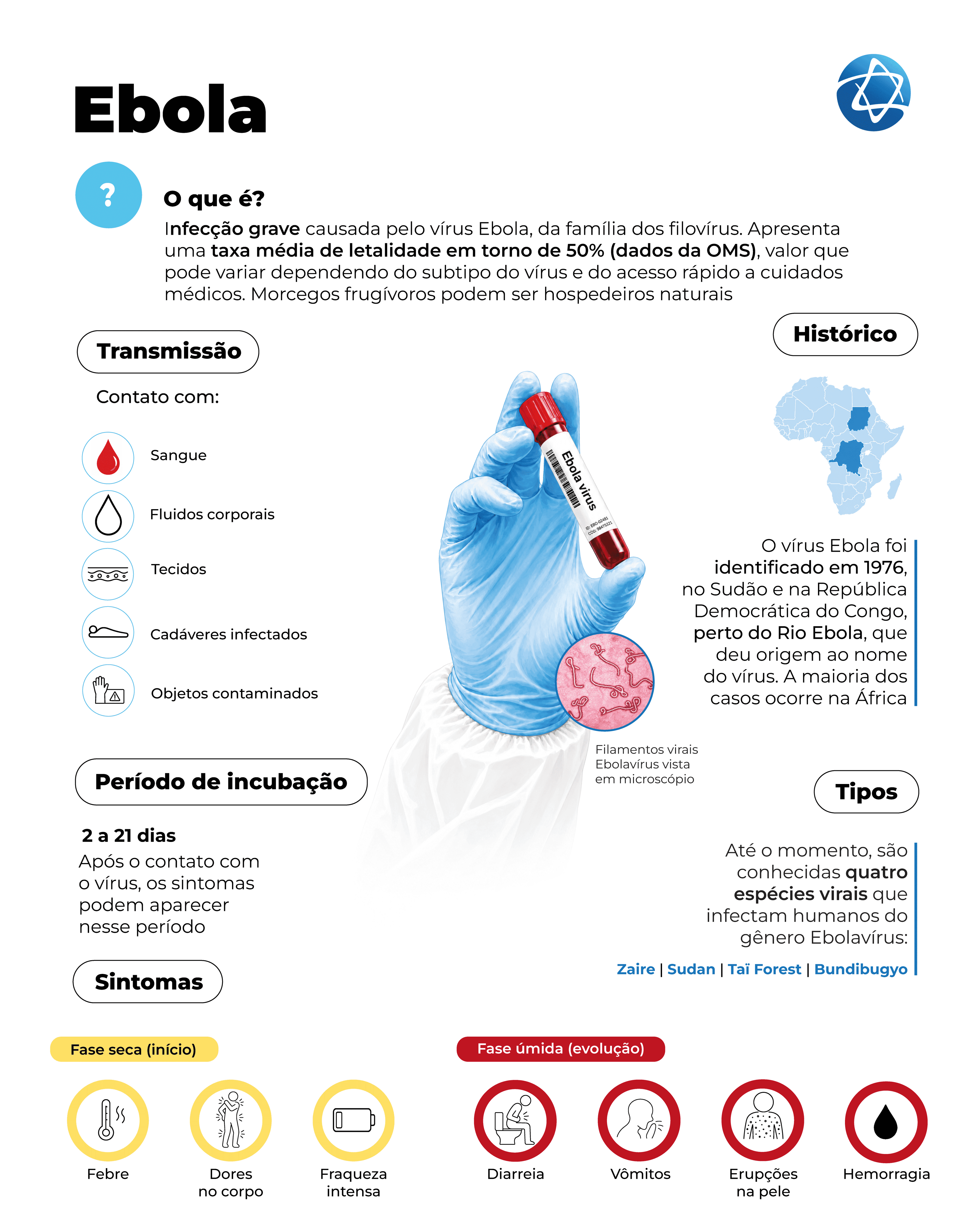 Infográfico sobre histórico, tipos, sintomas, transmissão e incubação  