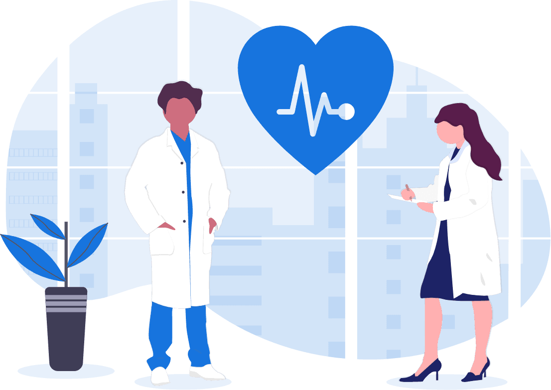 Ilustração de uma médica e um medico em pé com um coração azul nom eio deles com um simbolo de eletrocardiograma no meio do coração Ilustração de uma médica e um medico em pé com um coração azul nom eio deles com um simbolo de eletrocardiograma no meio do coração