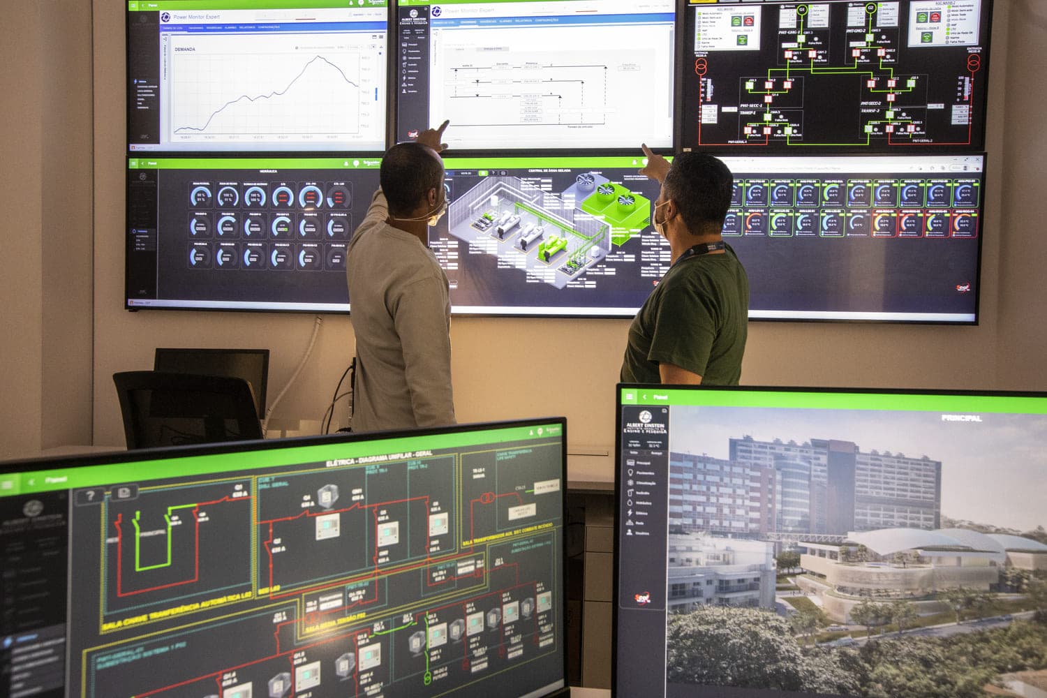 Técnicos analisando telas de controle de eficiência energética, simboliza iniciativas de sustentabilidade ambiental com tecnologias avançadas para reduzir impactos e promover gestão ambiental responsável. Técnicos analisando telas de controle de eficiência energética, simboliza iniciativas de sustentabilidade ambiental com tecnologias avançadas para reduzir impactos e promover gestão ambiental responsável.