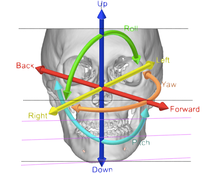 A imagem apresentada ilustra os eixos de movimento tridimensionais da cabeça A imagem apresentada ilustra os eixos de movimento tridimensionais da cabeça