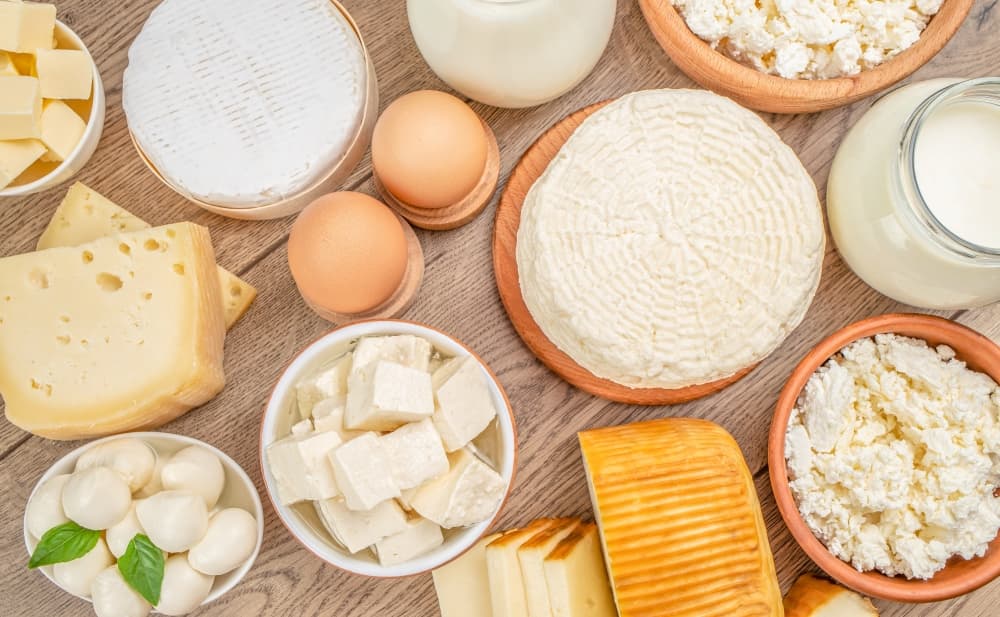 Uma mesa repleta de alimentos ricos em vitamina K2, entre eles: Ovos, leite e queijo