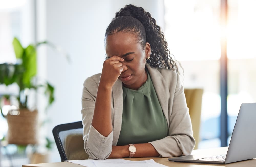 Crisis,,Stress,And,Black,Woman,With,Problem,In,Office,,Sick