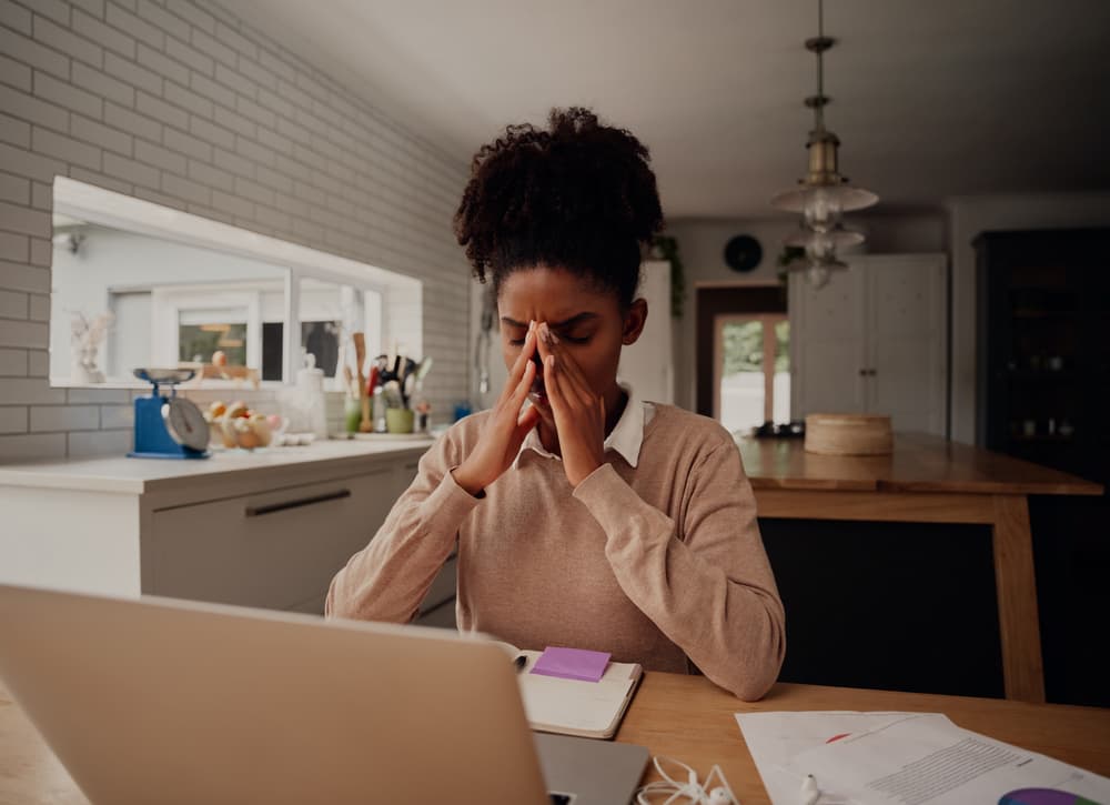 Stressful,African,American,Businesswoman,Holding,Nose,Bridge,,Suffering,From,Dry